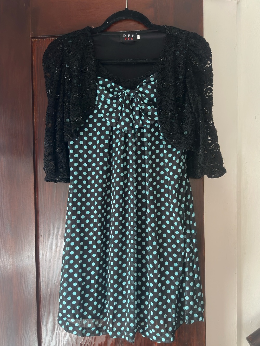 Vintage Black Dress with Aqua Polka Dots and Black Lace Shrug